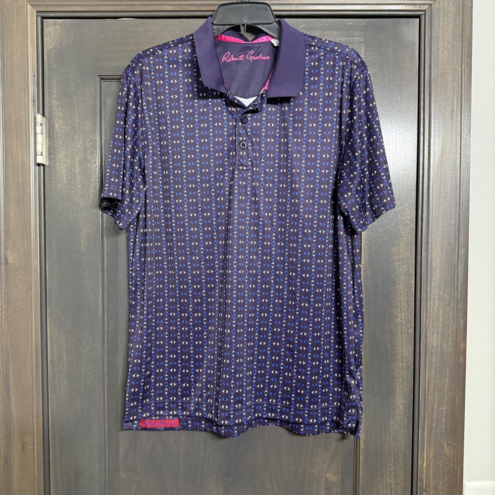 Robert Graham Mens Blue Geometric Triangle Print Performance Polo Shirt Large L